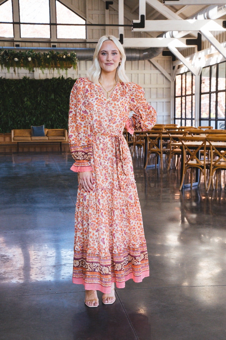 Lata Border Print Maxi Dress, Ivory/Orange