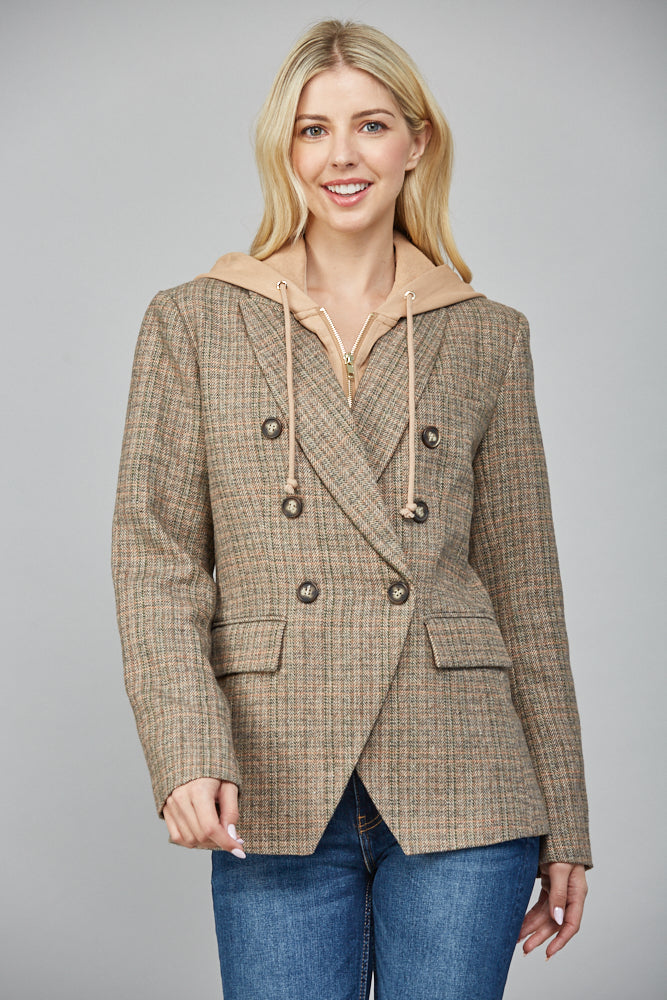 Jovie Herringbone Pattern Hooded Blazer, Tan Combo