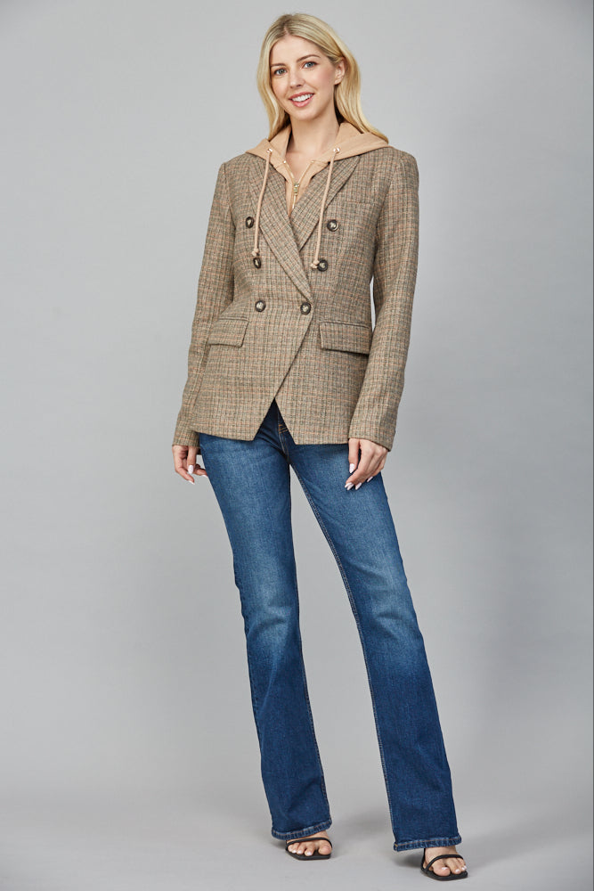 Jovie Herringbone Pattern Hooded Blazer, Tan Combo