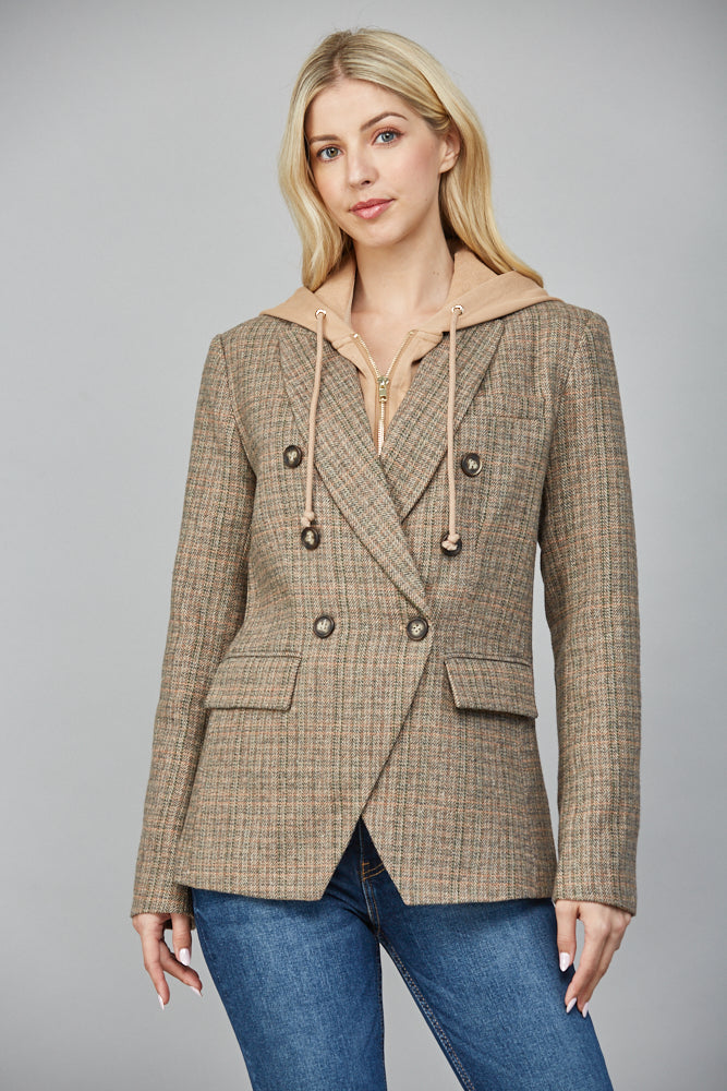 Jovie Herringbone Pattern Hooded Blazer, Tan Combo