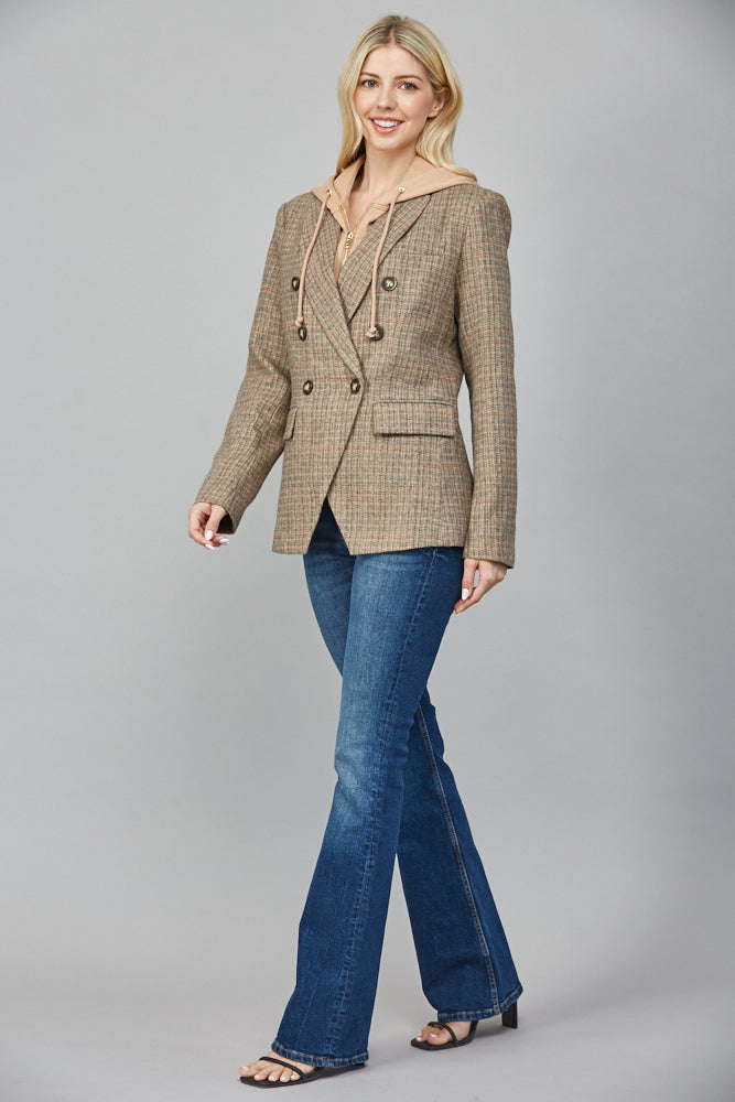 Jovie Herringbone Pattern Hooded Blazer, Tan Combo