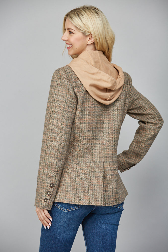 Jovie Herringbone Pattern Hooded Blazer, Tan Combo