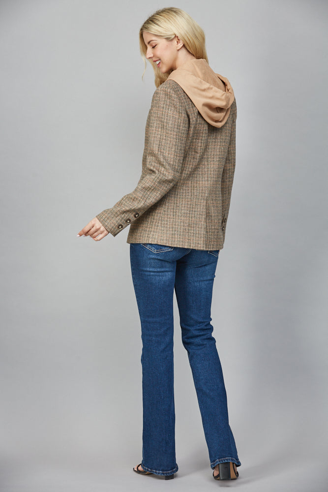 Jovie Herringbone Pattern Hooded Blazer, Tan Combo