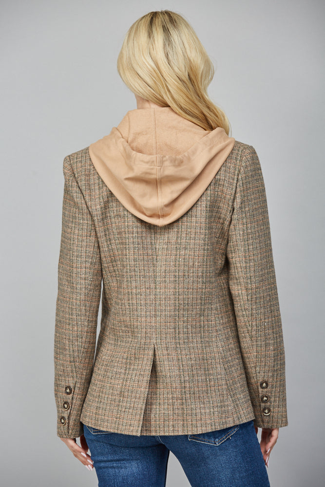 Jovie Herringbone Pattern Hooded Blazer, Tan Combo