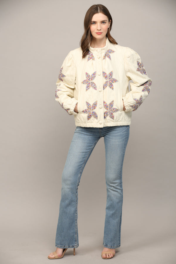 Enid Floral Applique Quilted Jacket, Cream