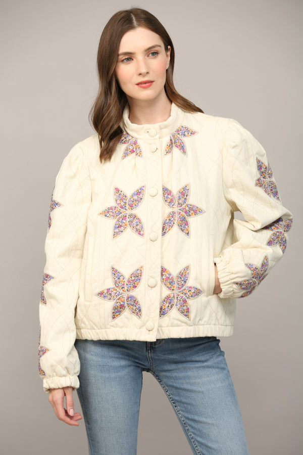 Enid Floral Applique Quilted Jacket, Cream