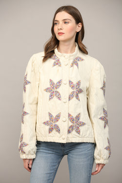 Enid Floral Applique Quilted Jacket, Cream
