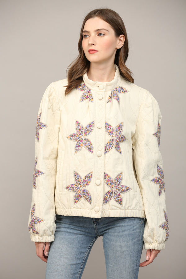 Enid Floral Applique Quilted Jacket, Cream