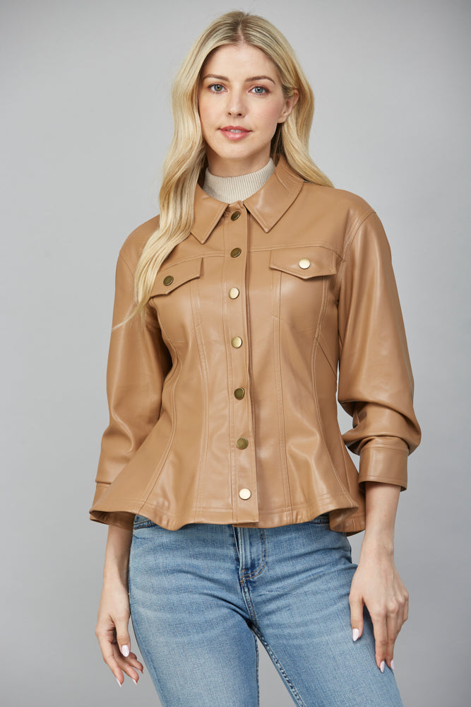 Penelope Faux Leather Peplum Jacket, Camel