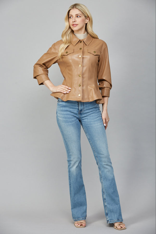 Penelope Faux Leather Peplum Jacket, Camel
