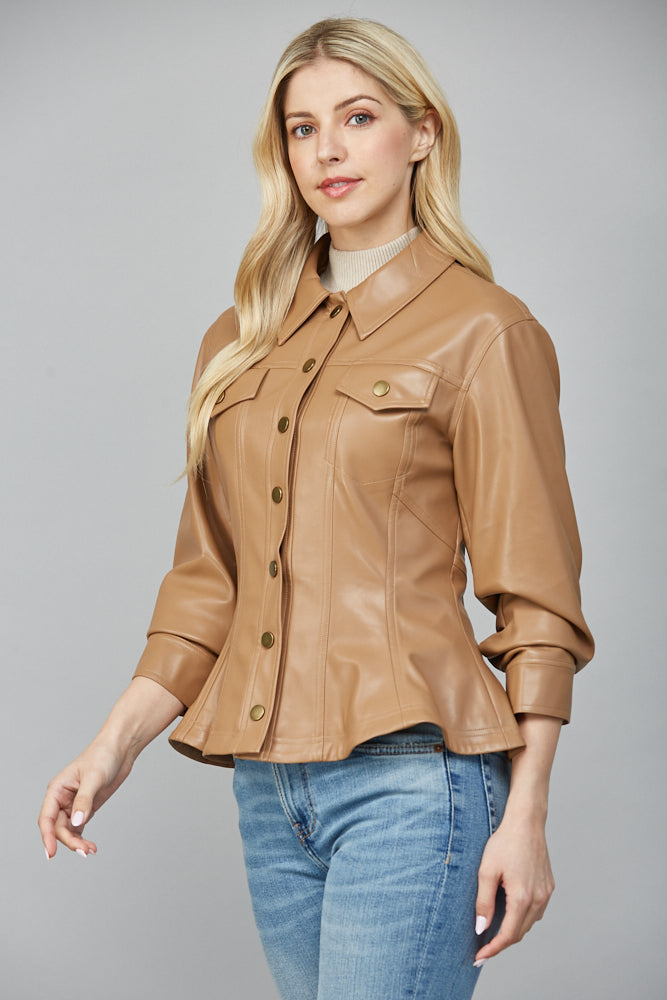 Penelope Faux Leather Peplum Jacket, Camel