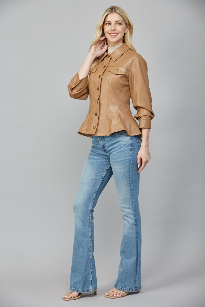 Penelope Faux Leather Peplum Jacket, Camel