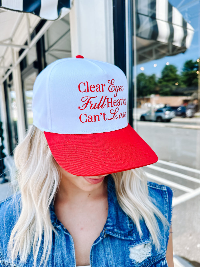 Clear Eyes Full Hearts Trucker Hat, White/Red