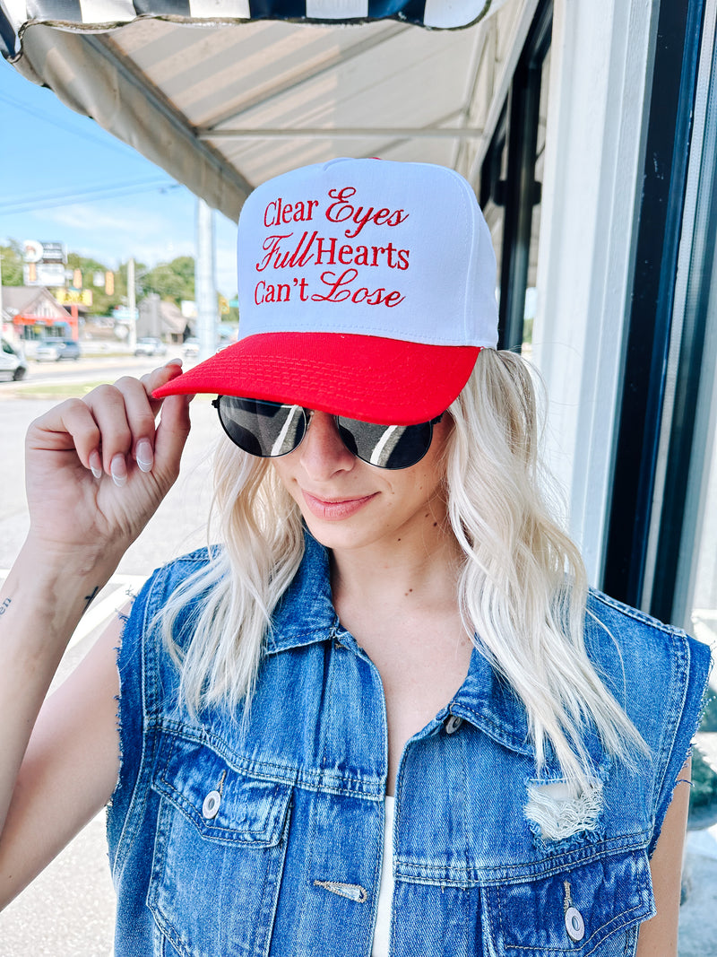 Clear Eyes Full Hearts Trucker Hat, White/Red