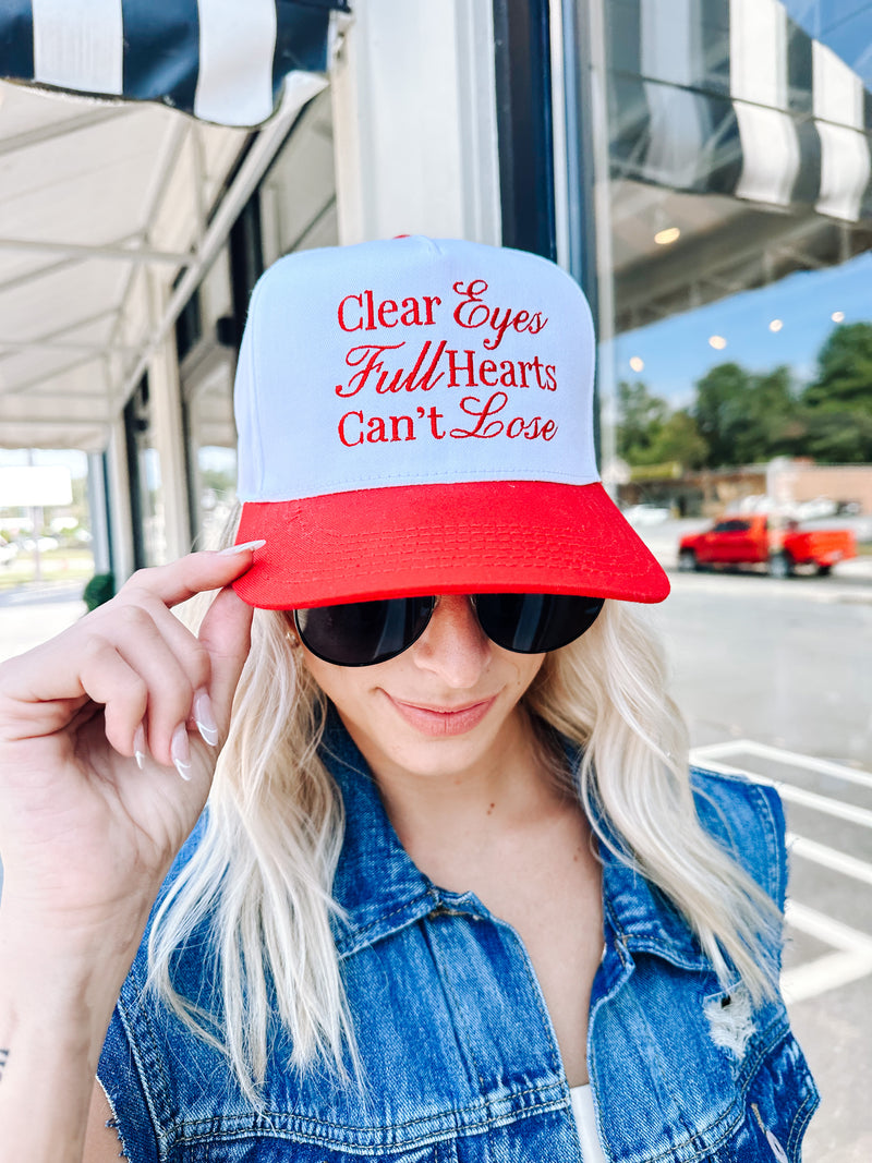 Clear Eyes Full Hearts Trucker Hat, White/Red