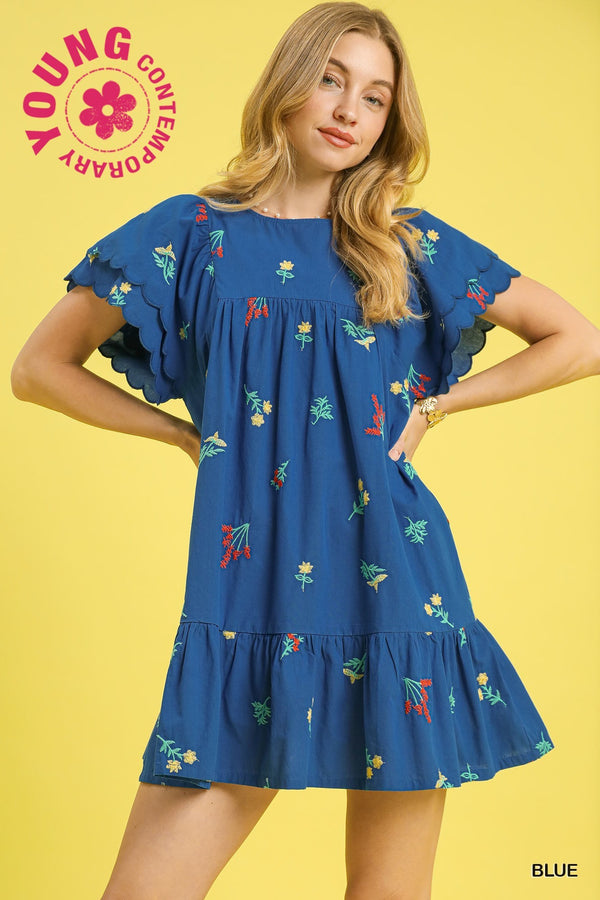 Alianna Embroidered Babydoll Dress, Blue