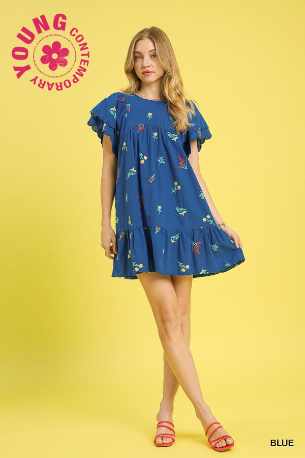 Alianna Embroidered Babydoll Dress, Blue