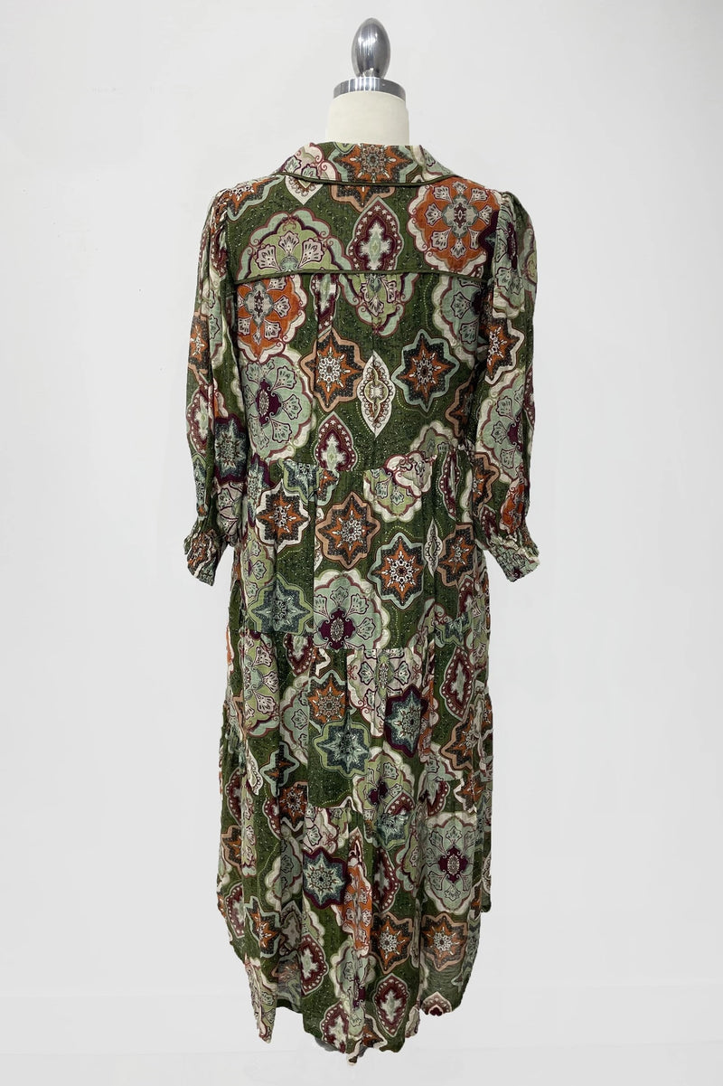 Oaklynn Boho Print Tiered Midi Dress, Olive Mix