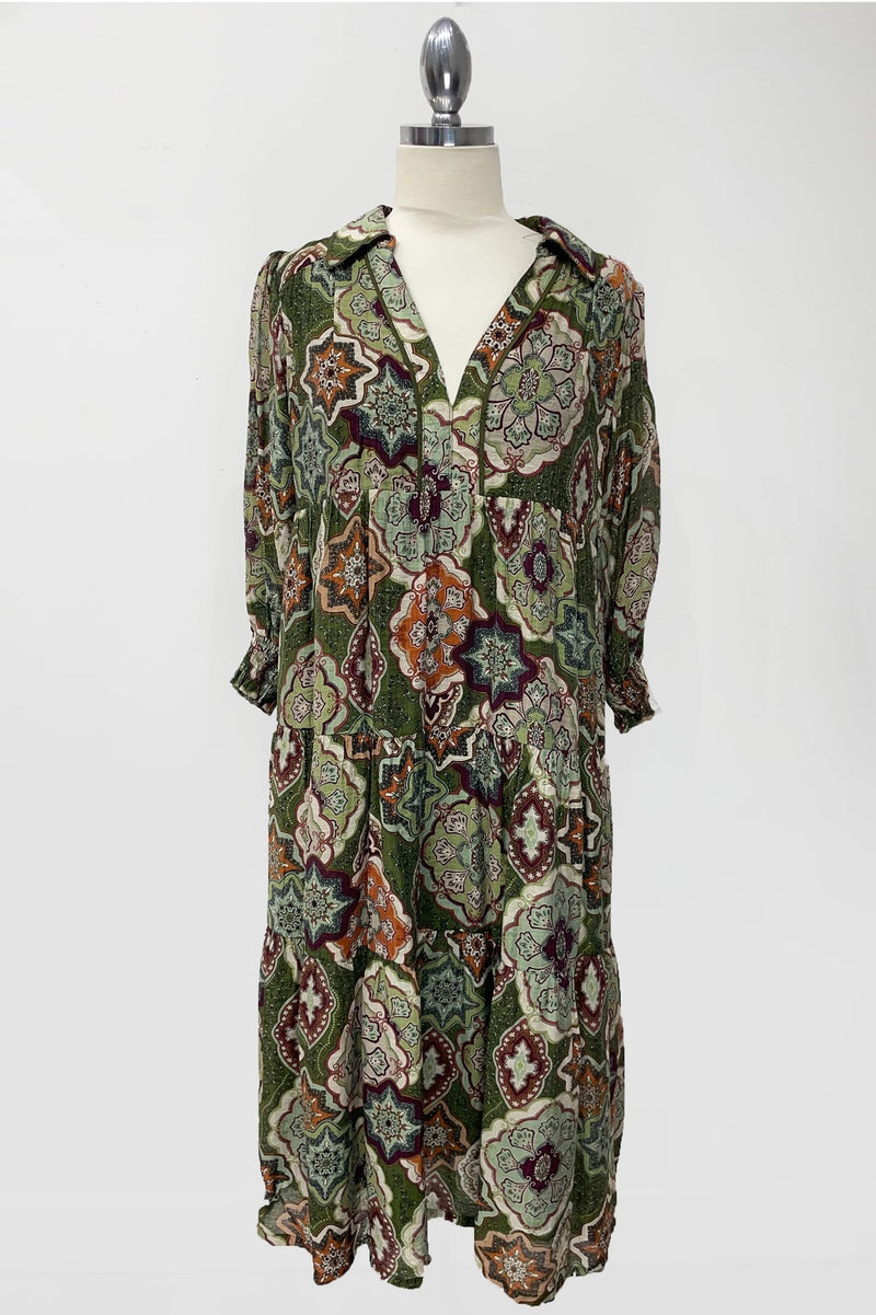 Oaklynn Boho Print Tiered Midi Dress, Olive Mix