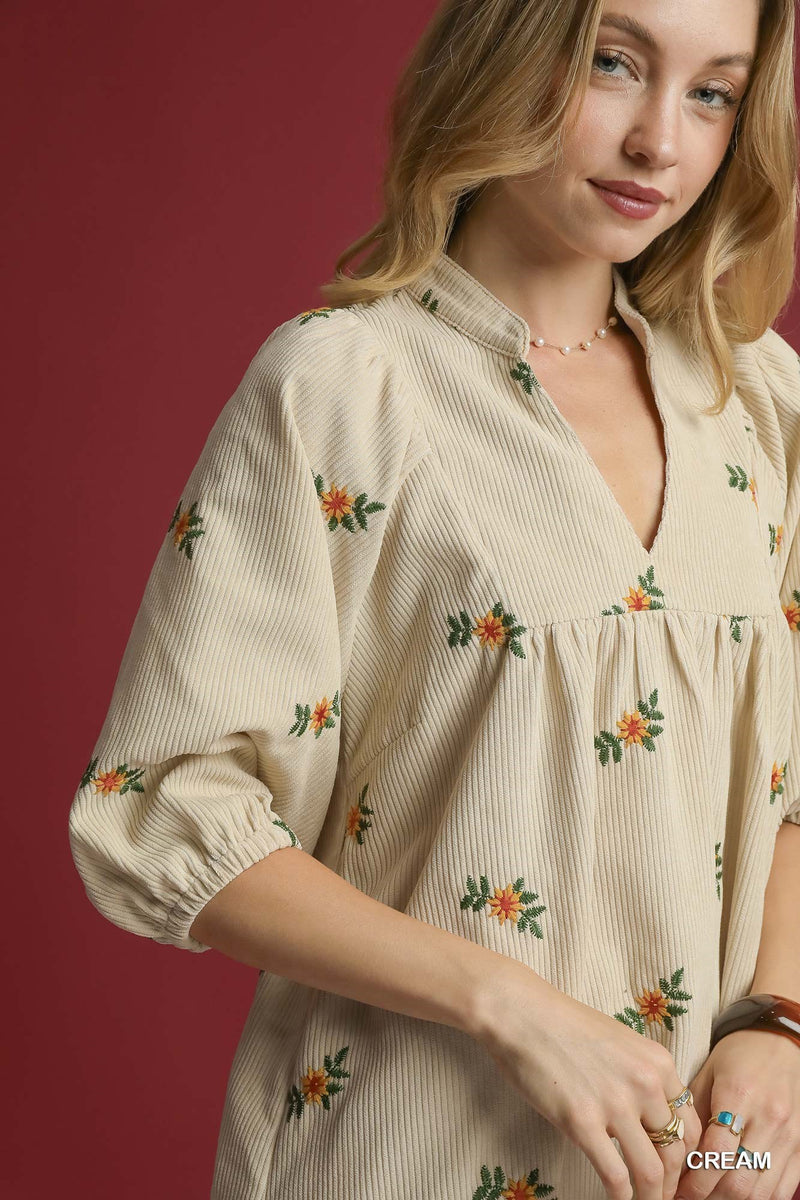 Emberlynn Corduroy Floral Babydoll Dress, Cream