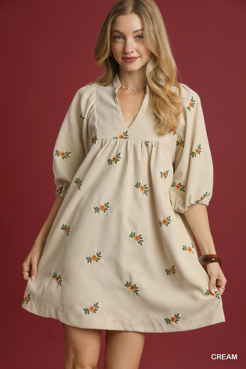 Emberlynn Corduroy Floral Babydoll Dress, Cream