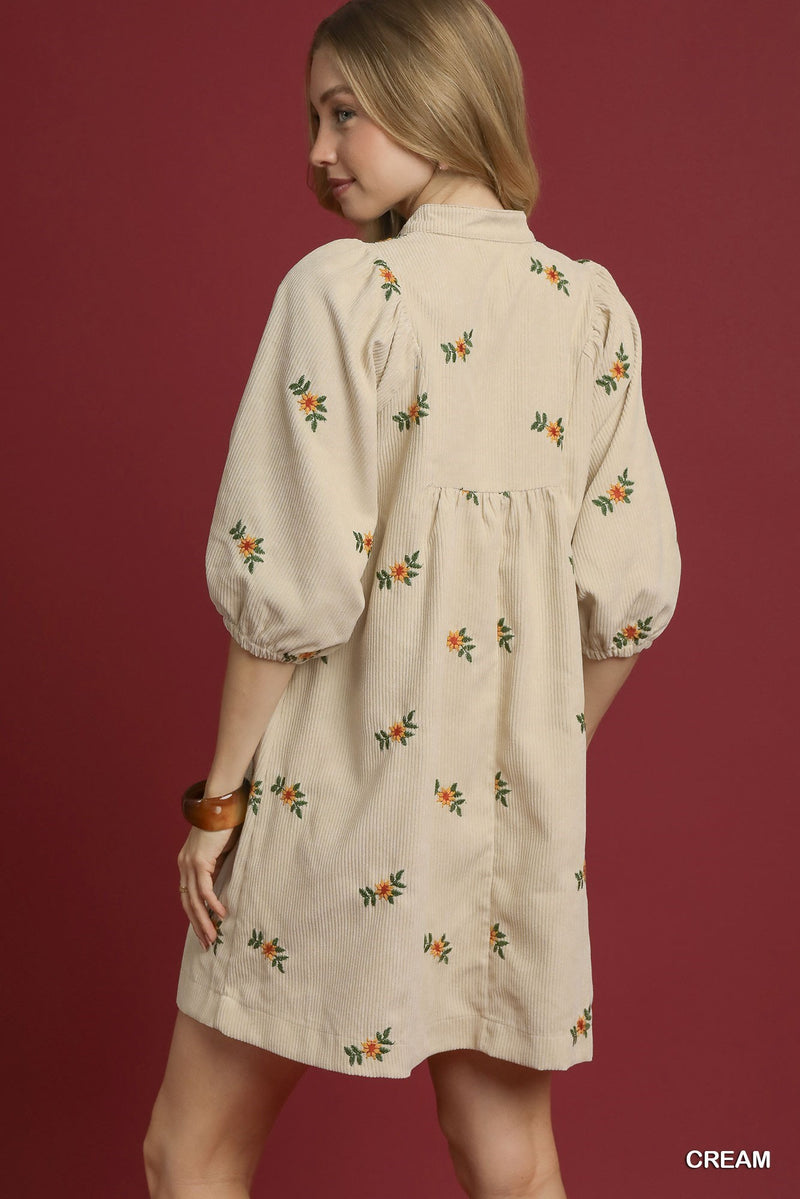 Emberlynn Corduroy Floral Babydoll Dress, Cream
