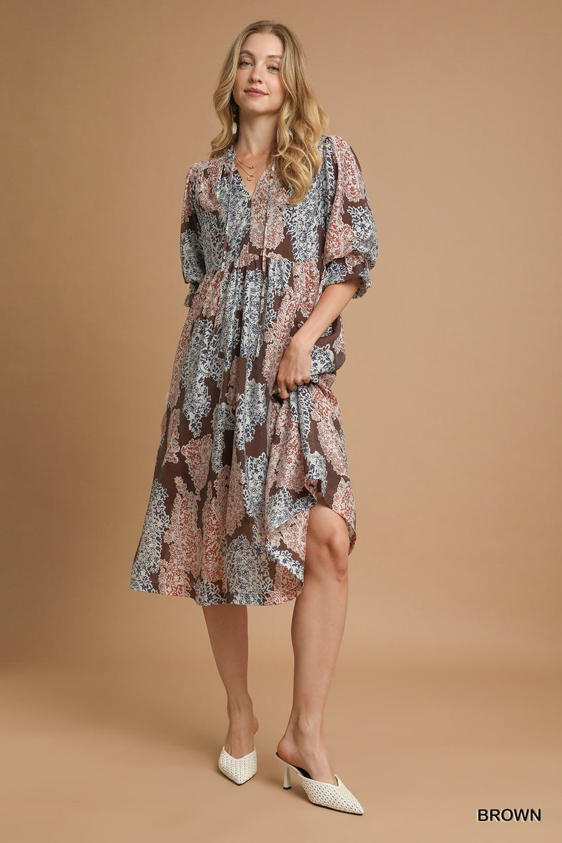 Amaris Paisley Print Midi Dress, Brown