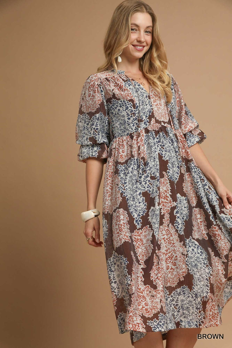 Amaris Paisley Print Midi Dress, Brown