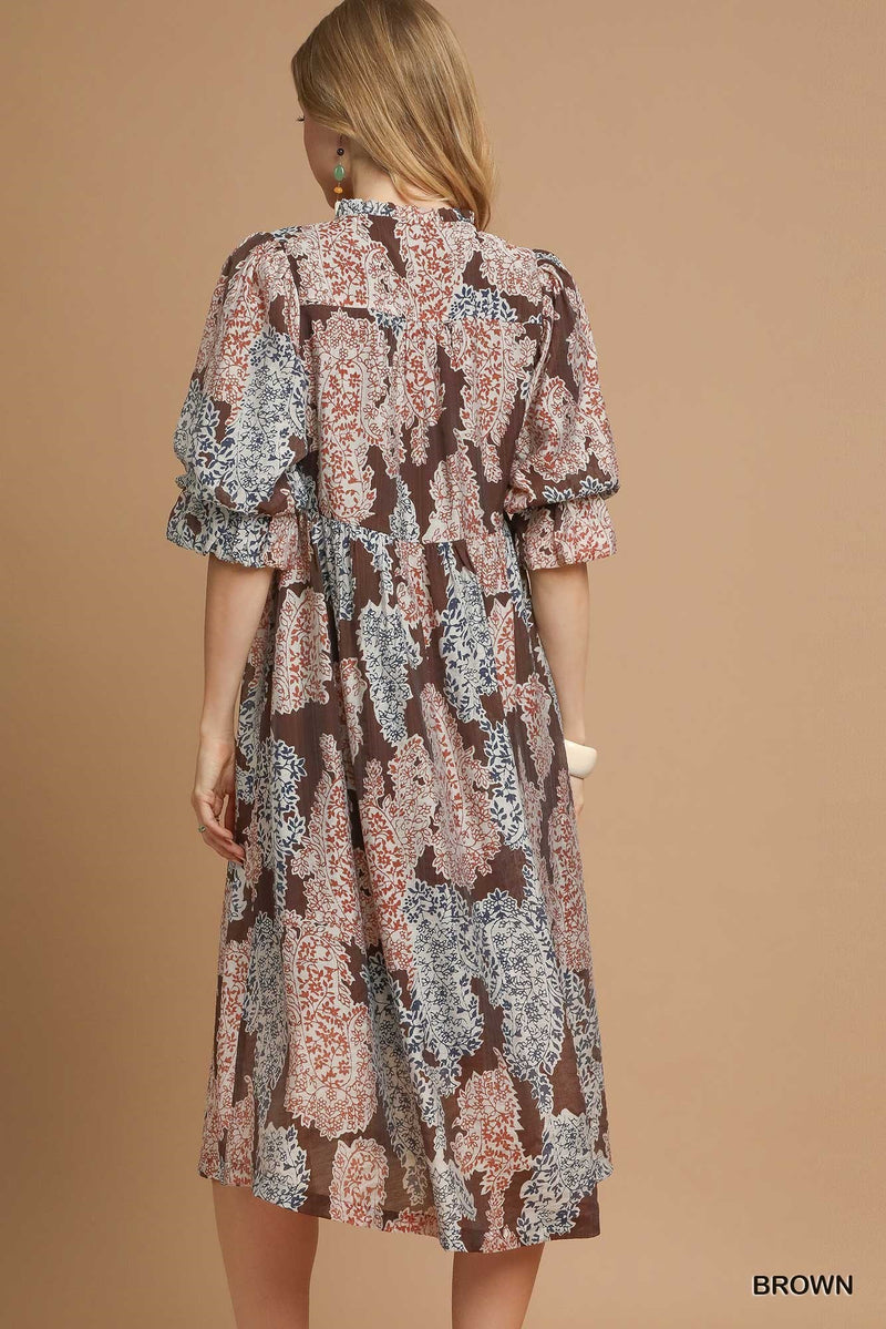 Amaris Paisley Print Midi Dress, Brown