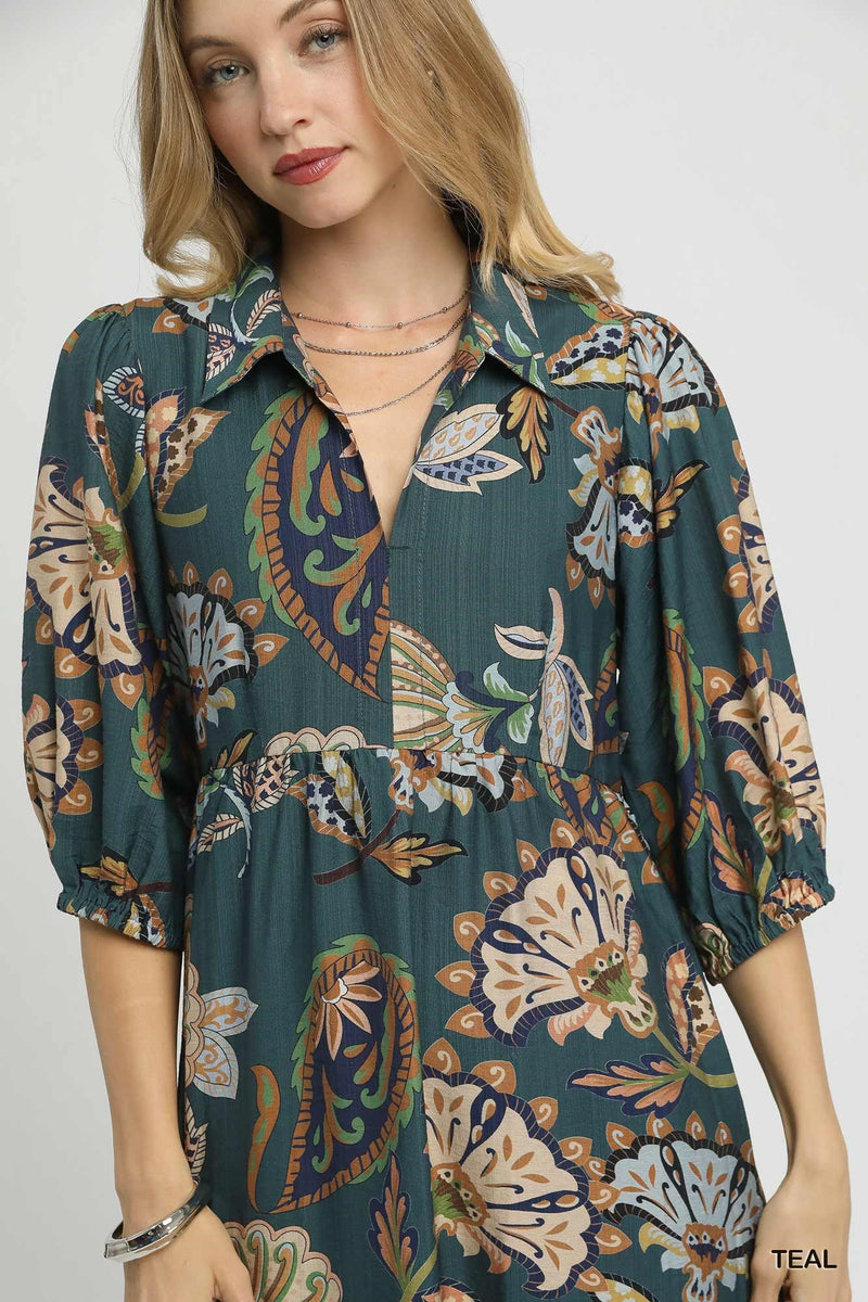 Reese Printed Half Sleeve Midi Dress, Teal