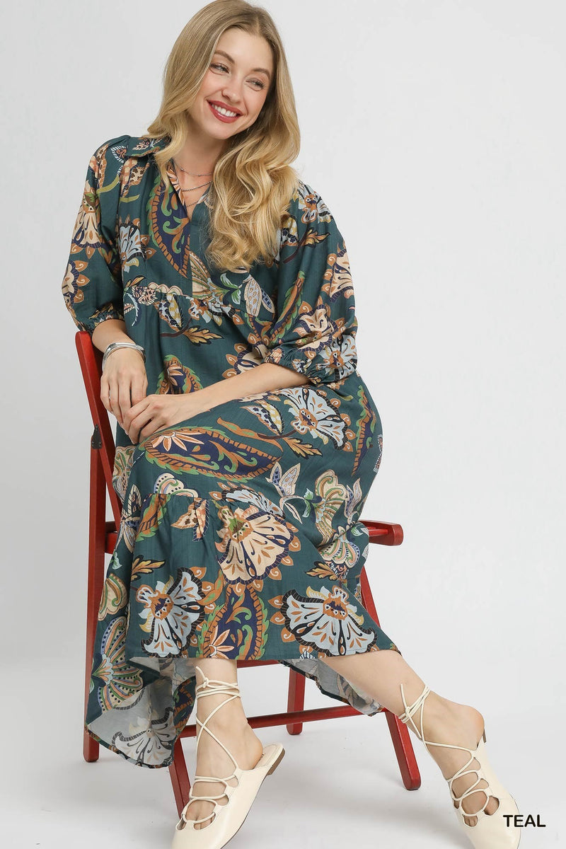 Reese Printed Half Sleeve Midi Dress, Teal