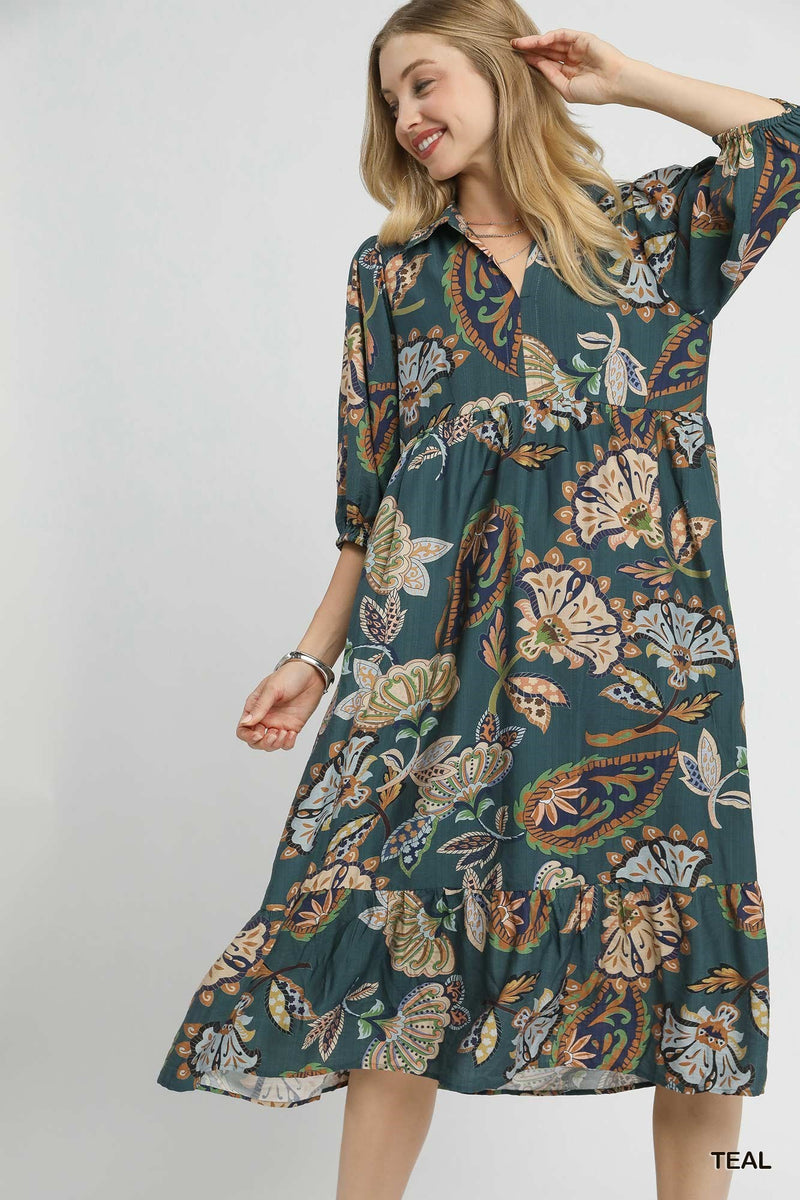 Reese Printed Half Sleeve Midi Dress, Teal