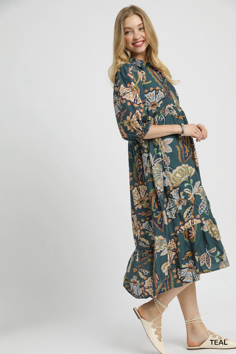 Reese Printed Half Sleeve Midi Dress, Teal