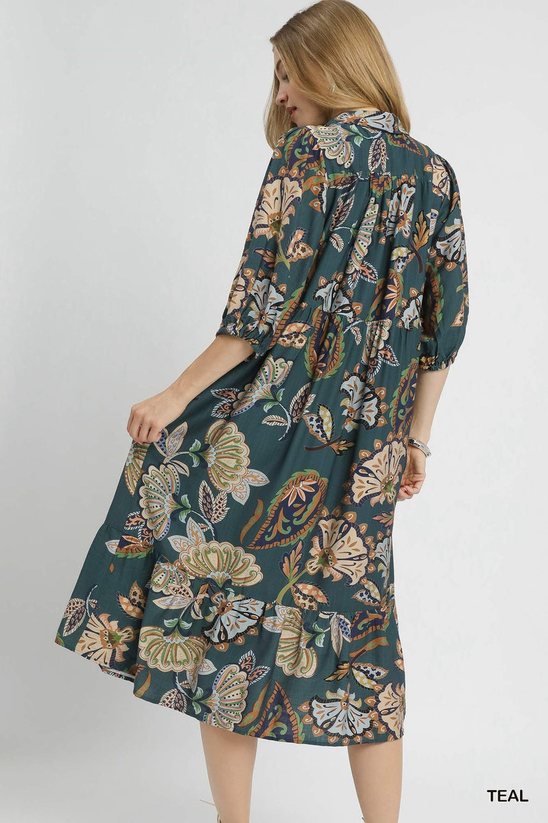 Reese Printed Half Sleeve Midi Dress, Teal