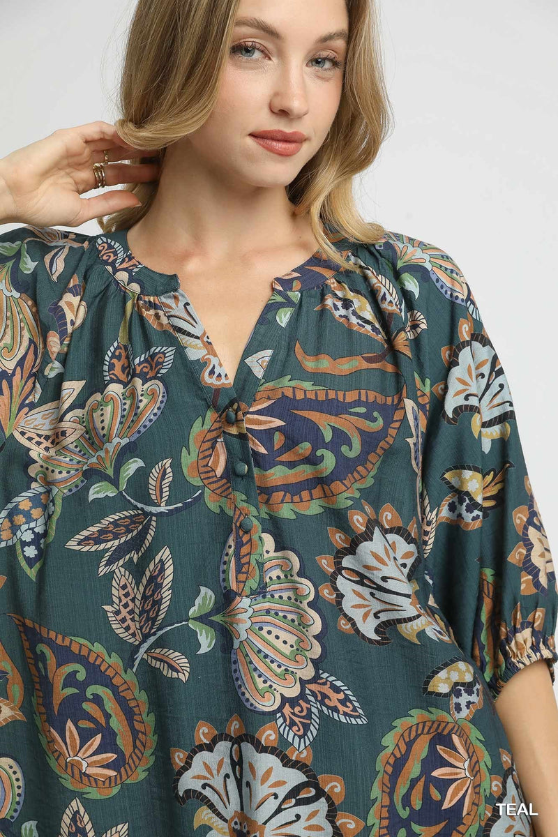 Cecilia Printed Half Sleeve Blouse, Teal