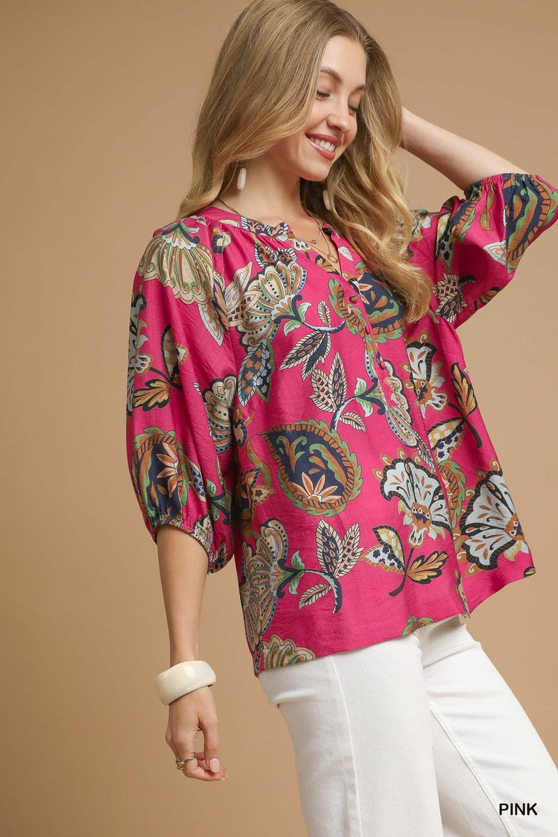 Cecilia Printed Half Sleeve Blouse, Pink