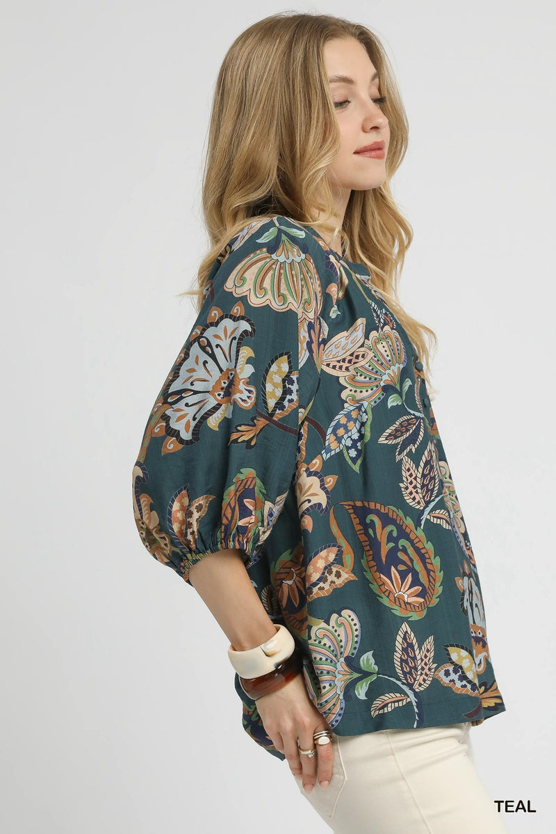 Cecilia Printed Half Sleeve Blouse, Teal