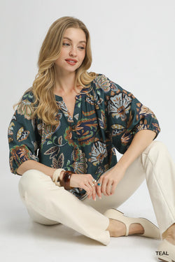 Cecilia Printed Half Sleeve Blouse, Teal