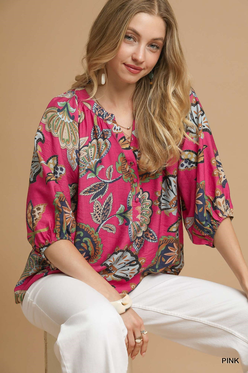 Cecilia Printed Half Sleeve Blouse, Pink
