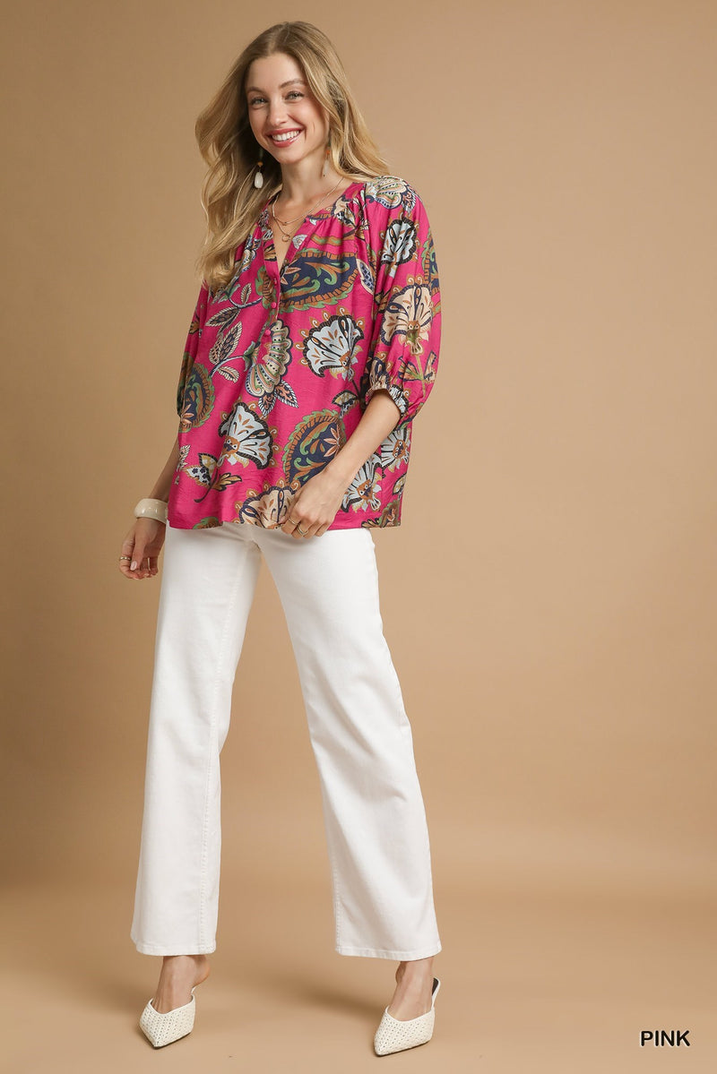 Cecilia Printed Half Sleeve Blouse, Pink