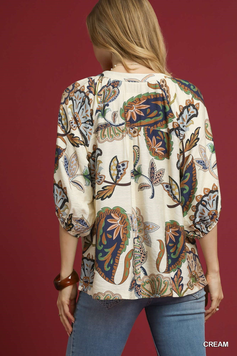 Cecilia Printed Half Sleeve Blouse, Cream