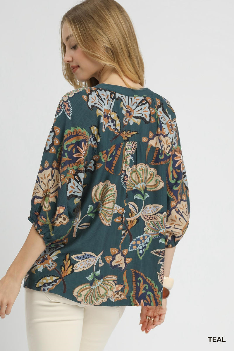 Cecilia Printed Half Sleeve Blouse, Teal