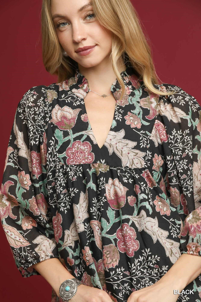 Lilia Floral Ruffled V-Neck Dress, Black