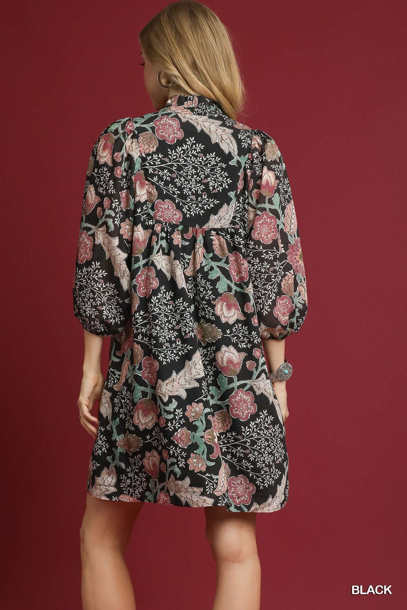Lilia Floral Ruffled V-Neck Dress, Black