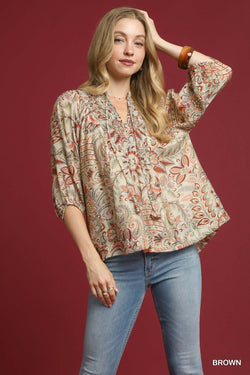 Jade Smocked Tie Neck Paisley Top, Brown