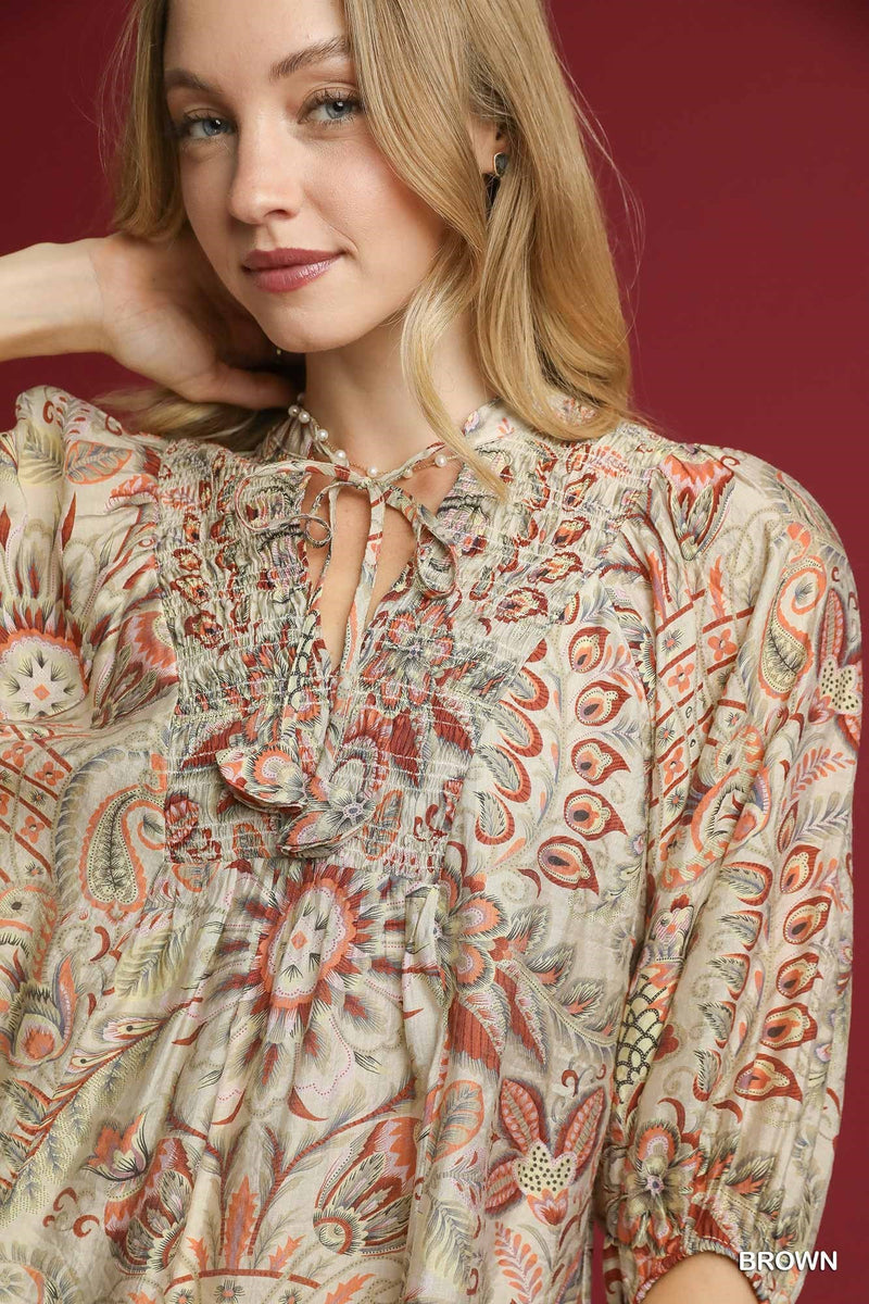 Jade Smocked Tie Neck Paisley Top, Brown