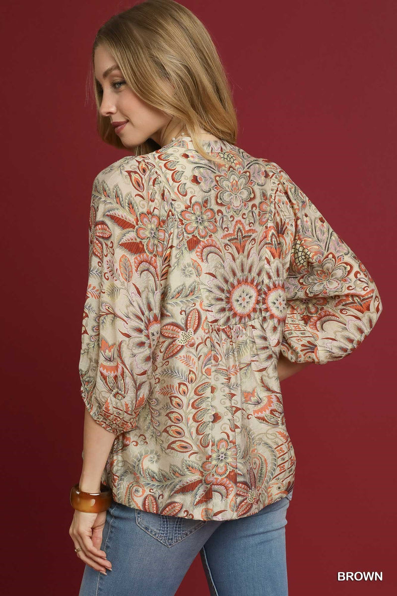 Jade Smocked Tie Neck Paisley Top, Brown