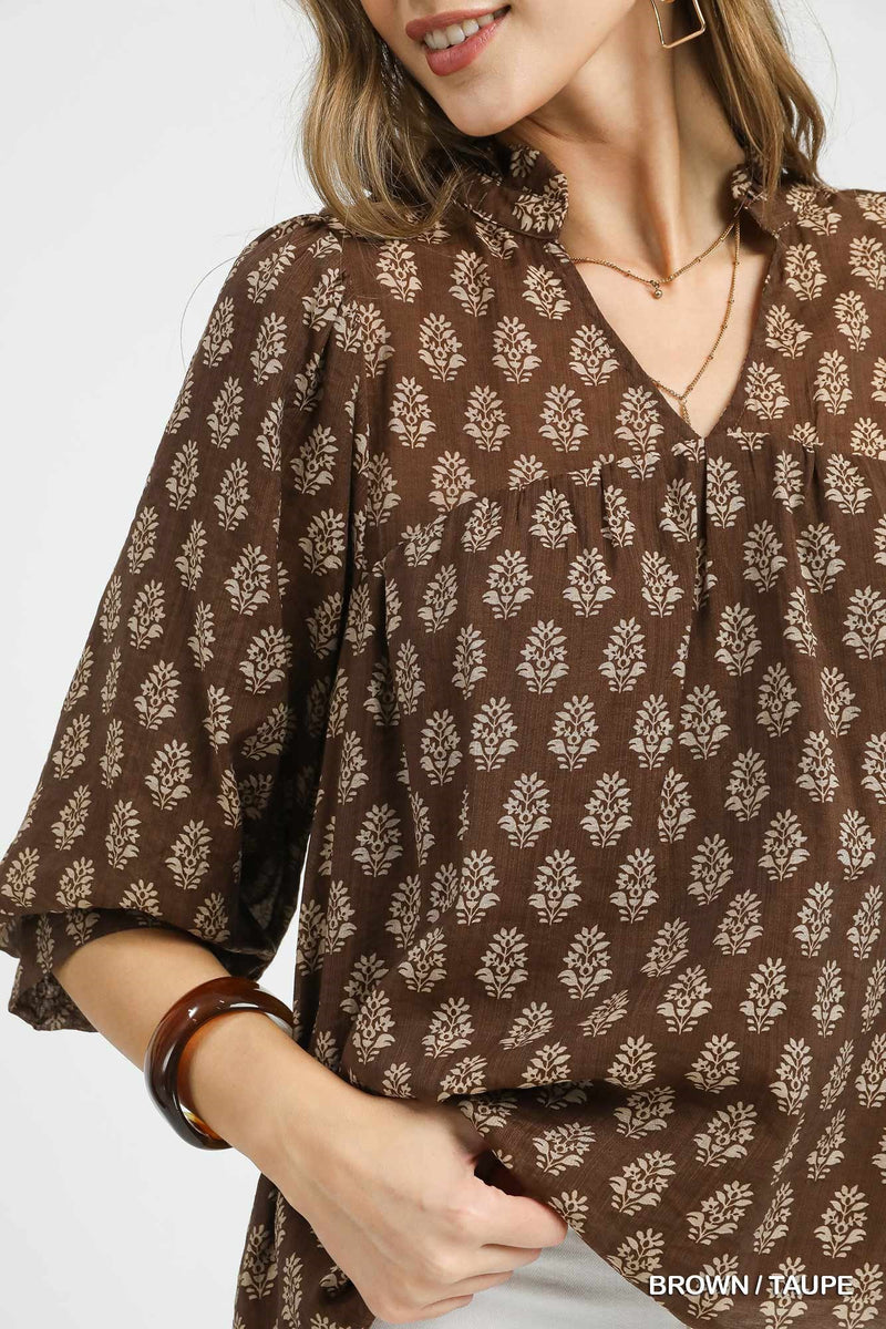 Amaya Floral Block Print Blouse, Brown/Taupe