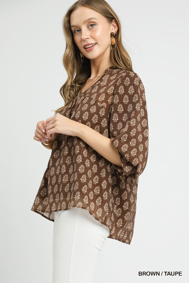 Amaya Floral Block Print Blouse, Brown/Taupe