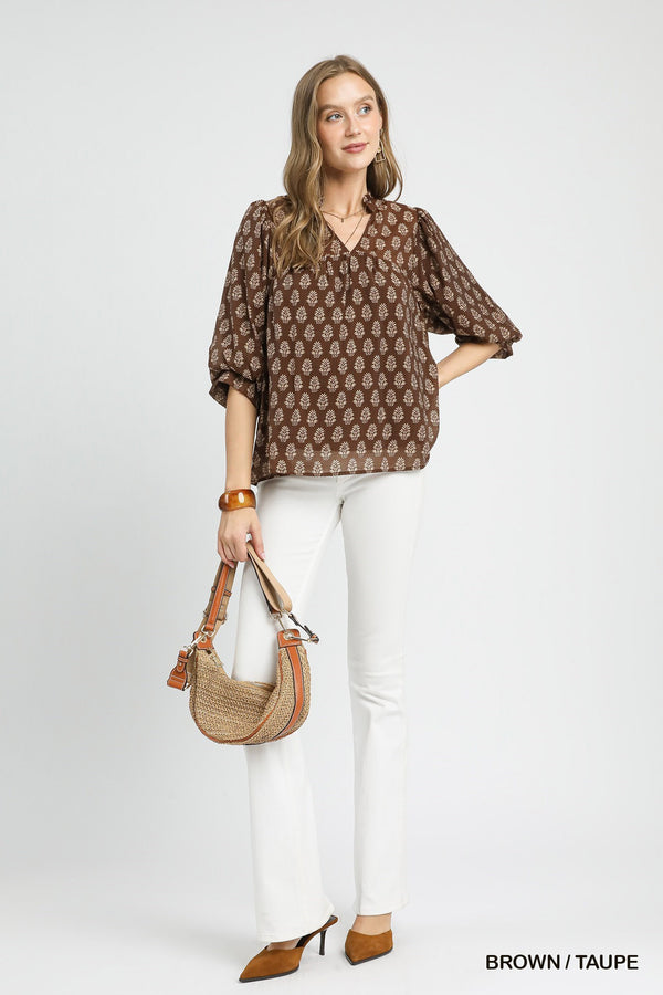 Amaya Floral Block Print Blouse, Brown/Taupe